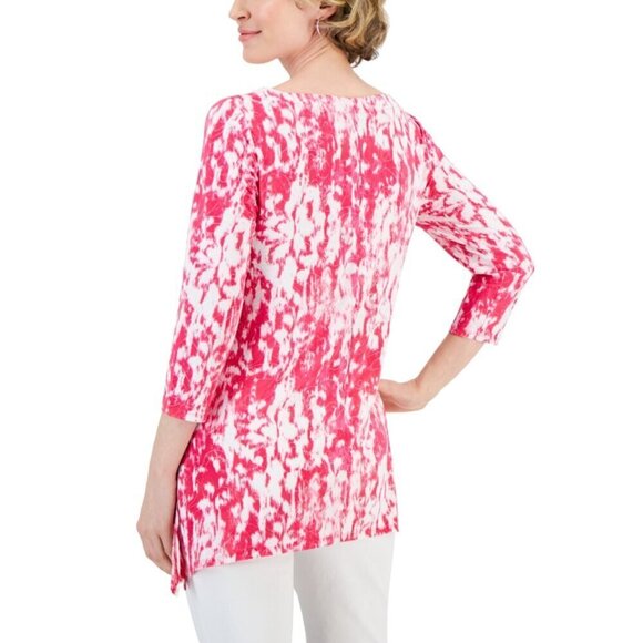 JM Collection Women's XL White & Pink Ikat Floral Jacquard 3/4-Sleeve Top NWT - Picture 3 of 6